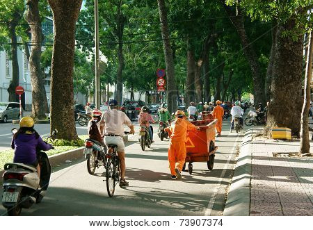 Asia City Scene,sanitation Worker, Vehicle Traffic