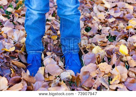 Kids Feet In Autumn Leaves