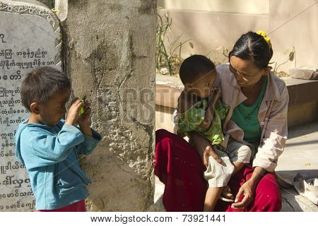 Burmese Family. Mother And Son.