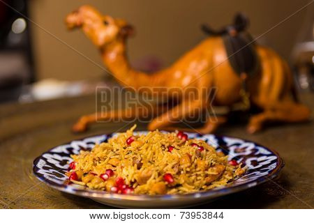 Oriental shah pilaf, pilaw, plov, rice with meat
