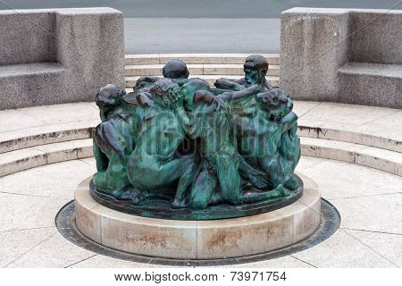 The Well of Life, sculpture made by famous Croatian sculptor Ivan Mestrovic, standing in front of Croatian National Theater in Zagreb, Croatia