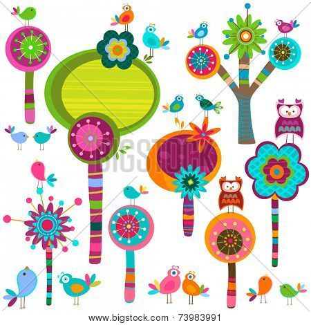 whimsy forest with flower trees and birds