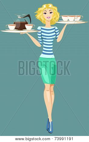 Girl Waitress Carrying a Tray With Cups Of Coffee And Tea, Vector