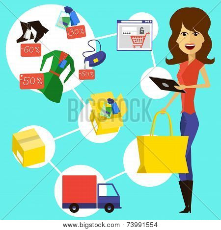Happy woman with a bag and phone in hands