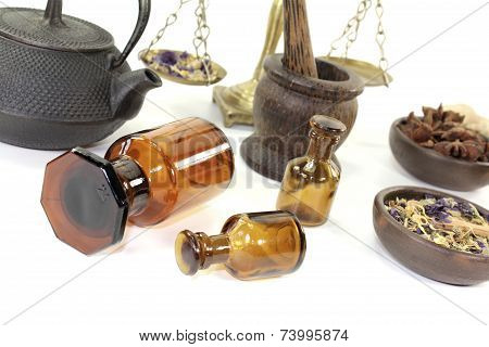 Chinese Medicine With Herbs And Apothecary Bottle