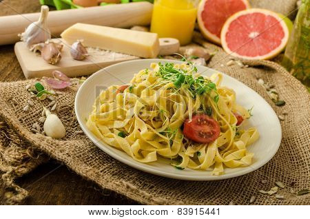 Semolina Pasta With Roasted Garlic, Sprinkled Microherbs