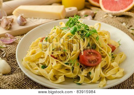 Semolina Pasta With Roasted Garlic, Sprinkled Microherbs