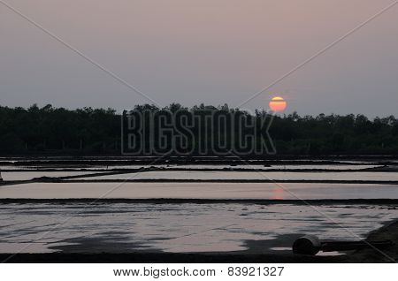 Setting sun over rice paddies of vietnam