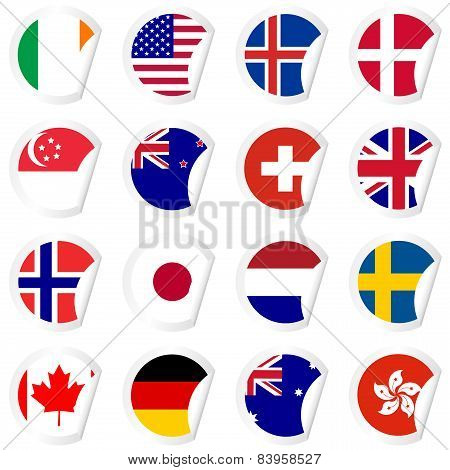 Curled Corner Stickers Set With Flags Of The Most Developed Countries In The World