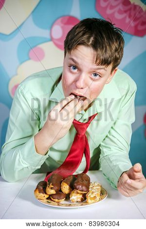 Funny Boy Eating Sweet Cakes, Hungry And Candy Man