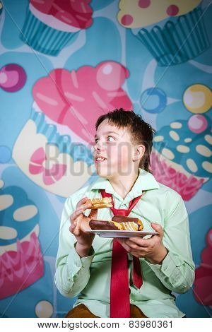 Funny Boy Eating Sweet Cakes, Hungry And Candy Man