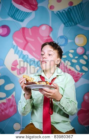 Funny Boy Eating Sweet Cakes, Hungry And Candy Man