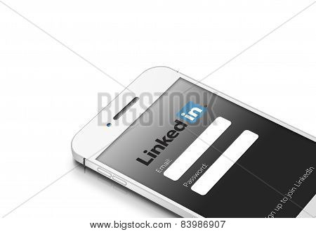 Gdansk, Poland - March 2, 2015: White Mobile Phone With Linkedin Social Network Isolated Over White