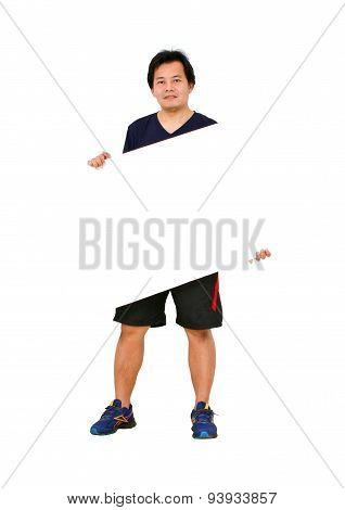 Asian Sportman With Blank Message Board.