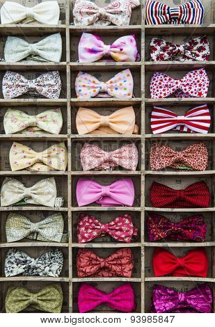 MOSCOW - JUNE 21, 2015: Flea market on the B. Dmitrovskaya street. 
Bow tie collection.