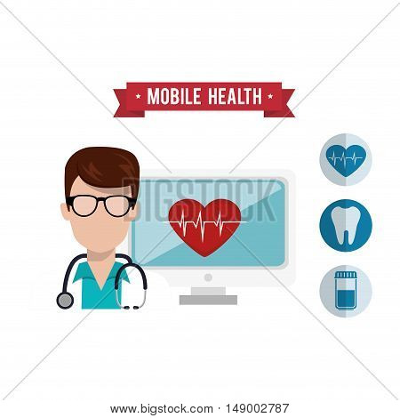 computer monitor technology device and avatar medical doctor man with medicine icon. mobile health theme. colorful design. vector illustration