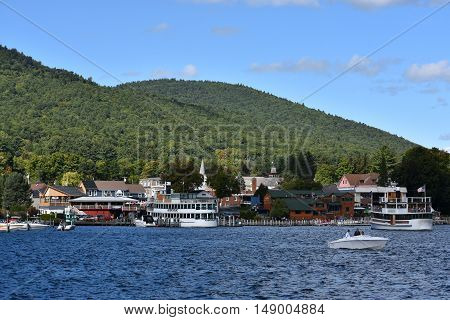 LAKE GEORGE, NY - SEP 24: View of Lake George from the Village, in New York State, as seen on Sep 24, 2016. The lake lies within the upper region of the Great Appalachian Valley and drains all the way northward into Lake Champlain and the St. Lawrence Riv