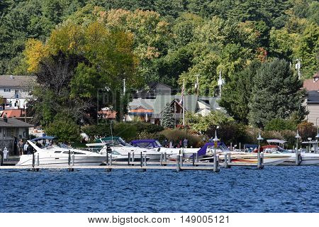 LAKE GEORGE, NY - SEP 24: View of Lake George from the Village, in New York State, as seen on Sep 24, 2016. The lake lies within the upper region of the Great Appalachian Valley and drains all the way northward into Lake Champlain and the St. Lawrence Riv