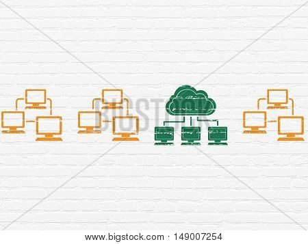 Cloud networking concept: row of Painted orange lan computer network icons around green cloud network icon on White Brick wall background