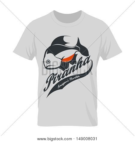 Vintage piranha old grunge effect tee print vector design. Web graphics stylized banner.