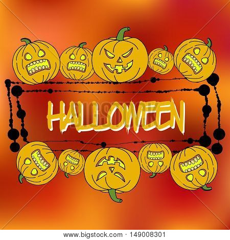 Stock Vector Card Template For Halloween Party. Hand Drawing Pumpkins. Splatter Frame. Text Inscript