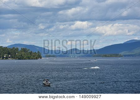 LAKE GEORGE, NY - SEP 24: View of Lake George from the Village, in New York State, as seen on Sep 24, 2016. The lake lies within the upper region of the Great Appalachian Valley and drains all the way northward into Lake Champlain and the St. Lawrence Riv