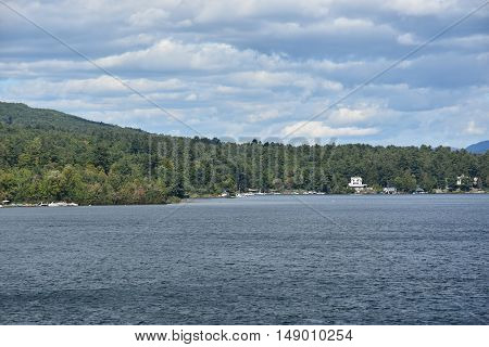 LAKE GEORGE, NY - SEP 24: View of Lake George from the Village, in New York State, as seen on Sep 24, 2016. The lake lies within the upper region of the Great Appalachian Valley and drains all the way northward into Lake Champlain and the St. Lawrence Riv