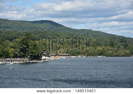 LAKE GEORGE, NY - SEP 24: View of Lake George from the Village, in New York State, as seen on Sep 24, 2016. The lake lies within the upper region of the Great Appalachian Valley and drains all the way northward into Lake Champlain and the St. Lawrence Riv