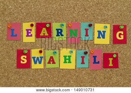Learning Swahili word written on colorful notes pinned on cork board.