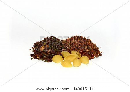 pasta and spices on a white background