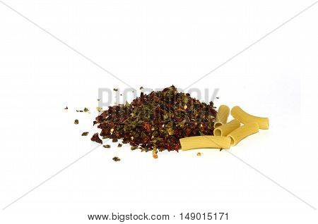 pasta and spices on a white background