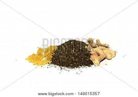 pasta with mushrooms and spices on a white background