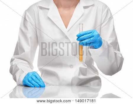 Female In Gown And Gloves Holding Test Tube With Sorbent