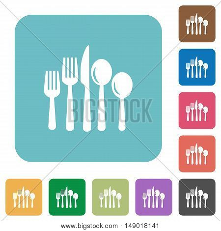 Flat cutlery icons on rounded square color backgrounds.