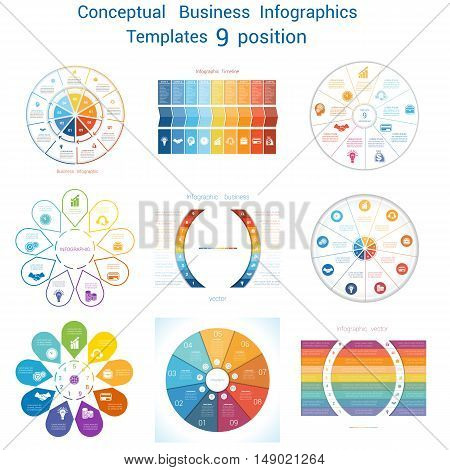 Set Vector templates Infographics business conceptual cyclic processes for nine positions text area possible to use for pie chart workflow banner diagram web design timeline area chart