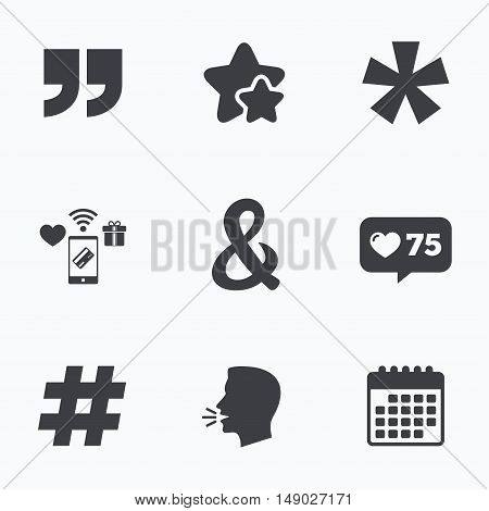 Quote, asterisk footnote icons. Hashtag social media and ampersand symbols. Programming logical operator AND sign. Flat talking head, calendar icons. Stars, like counter icons. Vector