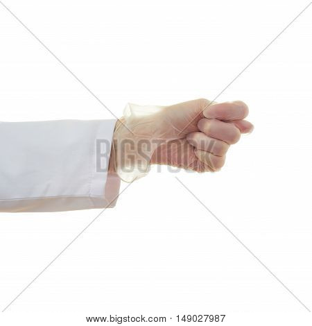 Doctor female hand in rubber glove gesture over white isolated background