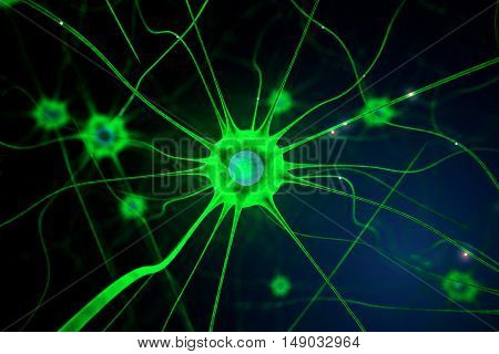 Closeup of green nerve cell on abstract dark background. 3D Rendering
