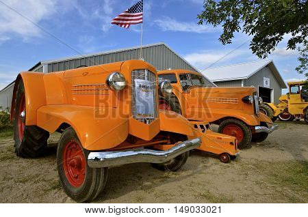 ROLLAG, MINNESOTA, Sept 1, 2016: Minneapolis Moline  Comfortractor UDLX produced in 1938 is displayed at the West Central Steam Threshers in Rollag, Minnesota where 1000's attend annually each Labor Day weekend.
