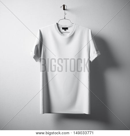 White Blank Cotton Tshirt Hanging Center Gray Concrete Empty Wall Background.Mockup Highly Detailed Texture Materials.Clear Label Space for Business Message. Square. 3D rendering