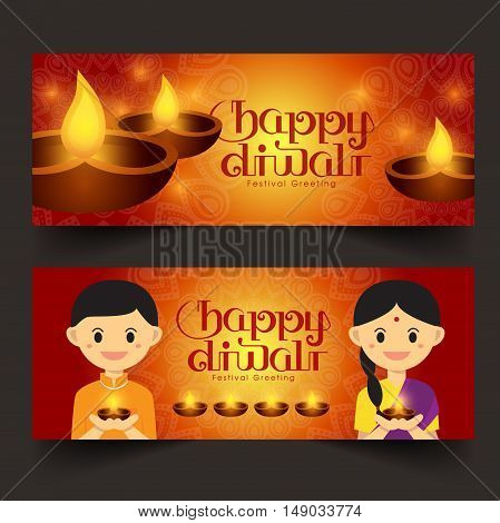 Set of Illustration for Diwali festival with Cute Indian boy and girl, Beautiful lamps