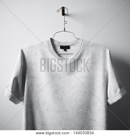 Closeup White Blank Cotton Tshirt Hanging Center Gray Concrete Empty Wall Background.Highly Detailed Texture MaterialsClear Label Space for Business Message. Square Mockup . 3D rendering