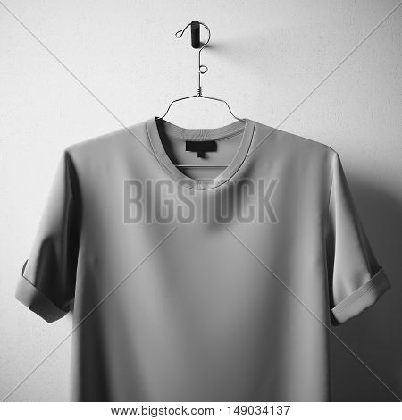 Closeup Blank Gray Cotton Tshirt Hanging Center White Concrete Empty Wall Background.Mockup Highly Detailed Texture Materials.Clear Label Space for Business Message.Square. 3D rendering