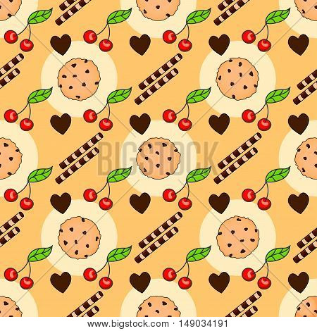 Seamless pattern with delicious chocolate chip cookies. Biscuits wafer sticks and cherry on a orange background.