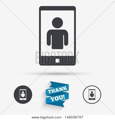 Video call sign icon. Smartphone symbol. Flat icons. Buttons with icons. Thank you ribbon. Vector