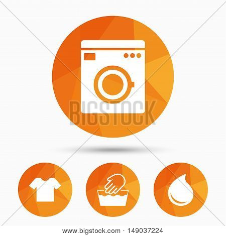 Wash machine icon. Hand wash. T-shirt clothes symbol. Laundry washhouse and water drop signs. Not machine washable. Triangular low poly buttons with shadow. Vector
