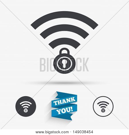 Wifi locked sign. Password Wi-fi symbol. Wireless Network icon. Wifi zone. Flat icons. Buttons with icons. Thank you ribbon. Vector