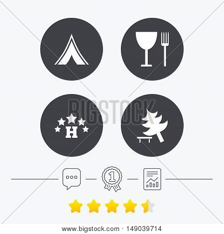 Food, hotel, camping tent and tree icons. Wineglass and fork. Break down tree. Road signs. Chat, award medal and report linear icons. Star vote ranking. Vector