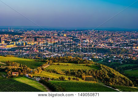 Beautiful view of skyline of Vienna and Danube River with green trees of Doebling district, Austria. Travel photo of the landmark.