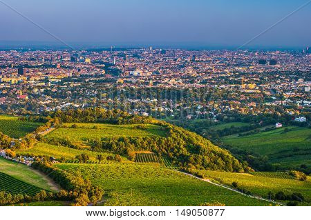 Beautiful view of skyline of Vienna and Danube River with green trees of Doebling district, Austria. Travel photo of the landmark.